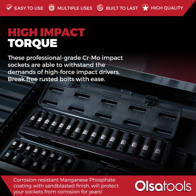 Olsa Tools 1/2-Inch Drive Deep Impact Socket Set - 15pc Metric Cr-Mo 6-Point (10mm to 24mm) - High Contrast Markings - Chrome Molybdenum - Premium Storage Case - Part: 1277 - Image 2